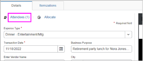 screenshot of attendees window in MyExpense