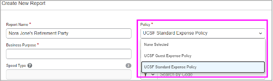 screenshot of UCSF standard expense policy window in MyExpense