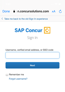 SAP Concur Mobile App Sign In Screenshot